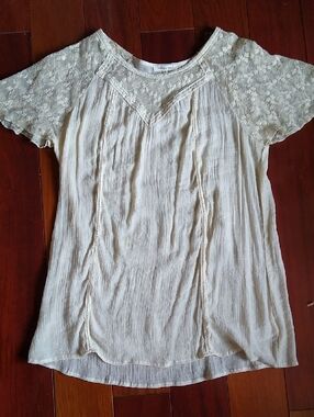 Indigo Soul Cream Lace-Yoke Short Sleeve Blouse Romantic Boho Tunic Top 2XL